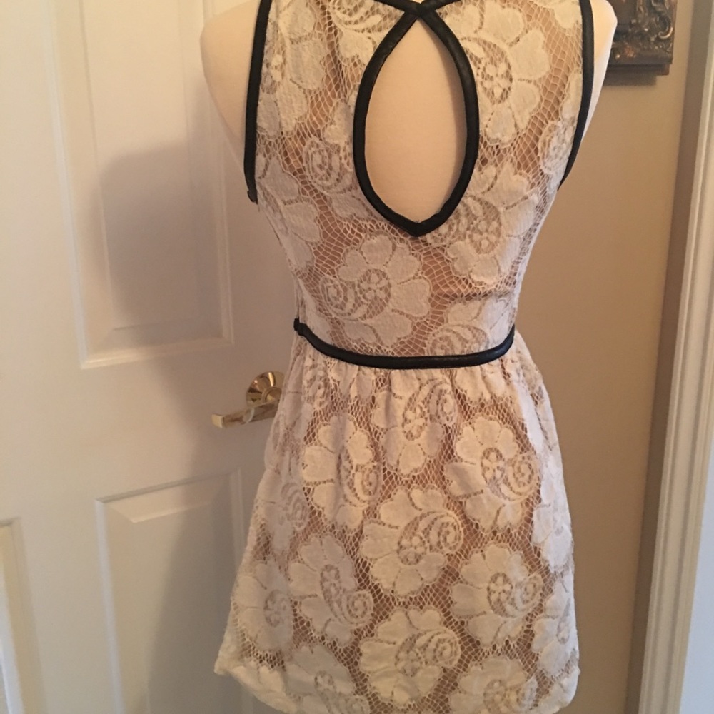 Juniors Ivory Lace & Faux black Leather Trim Dress - Picture 2 of 3